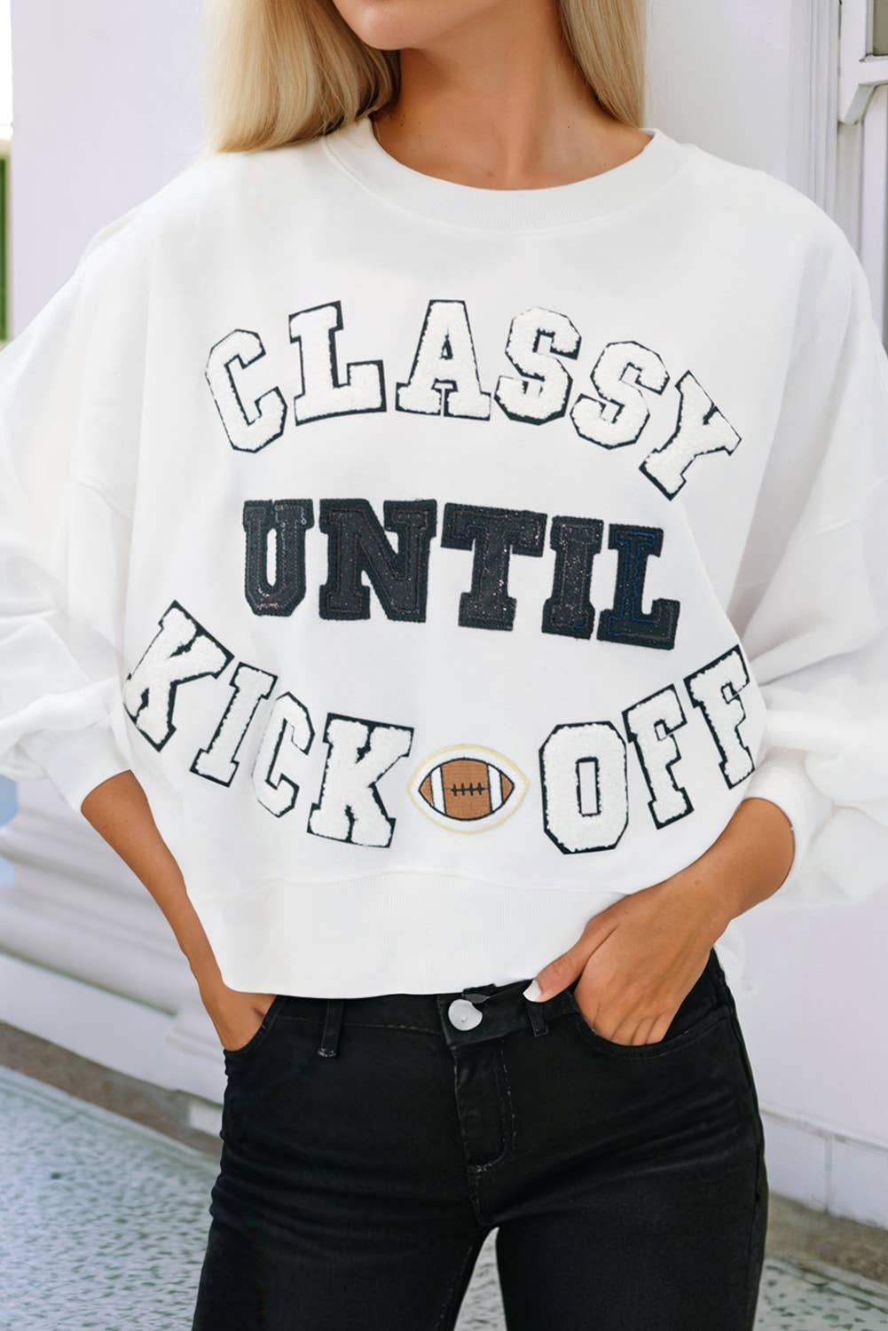 LDC CLASSY UNTIL KICKOFF Plush Letter Patched Sweatshirt