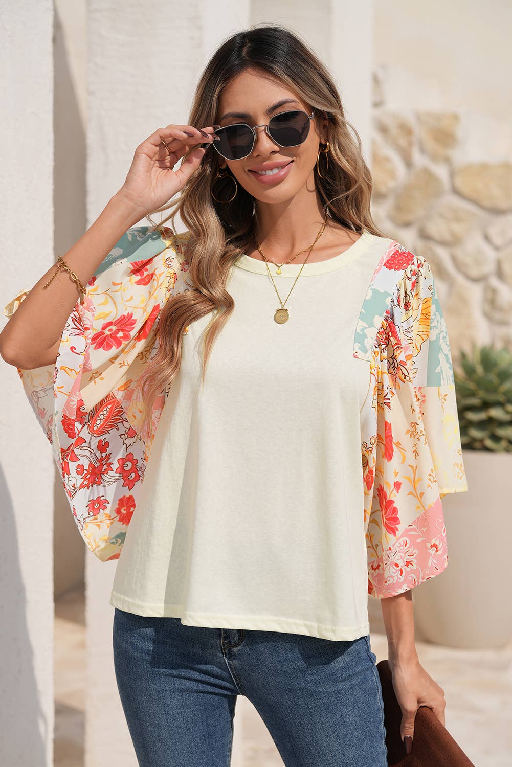 LDC Floral Patchwork Half Batwing Sleeve Blouse