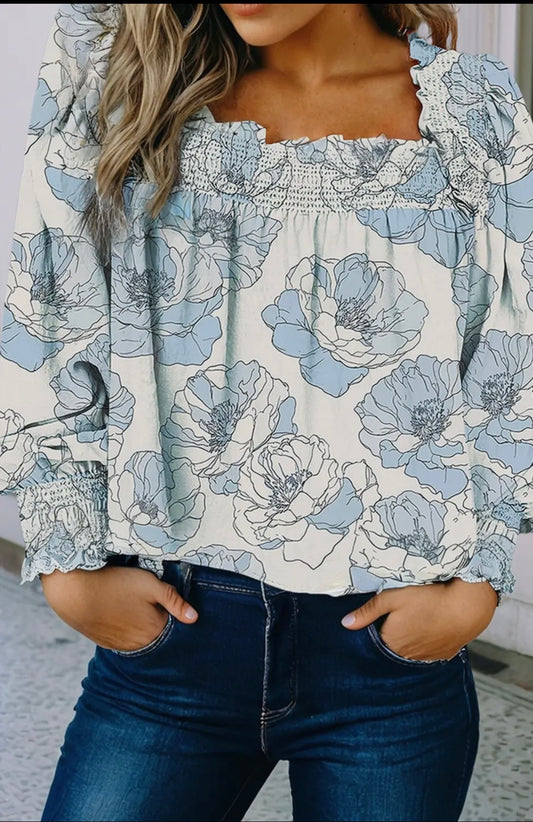 LDC Floral Print Frilly Smocked Square Neck Blouse