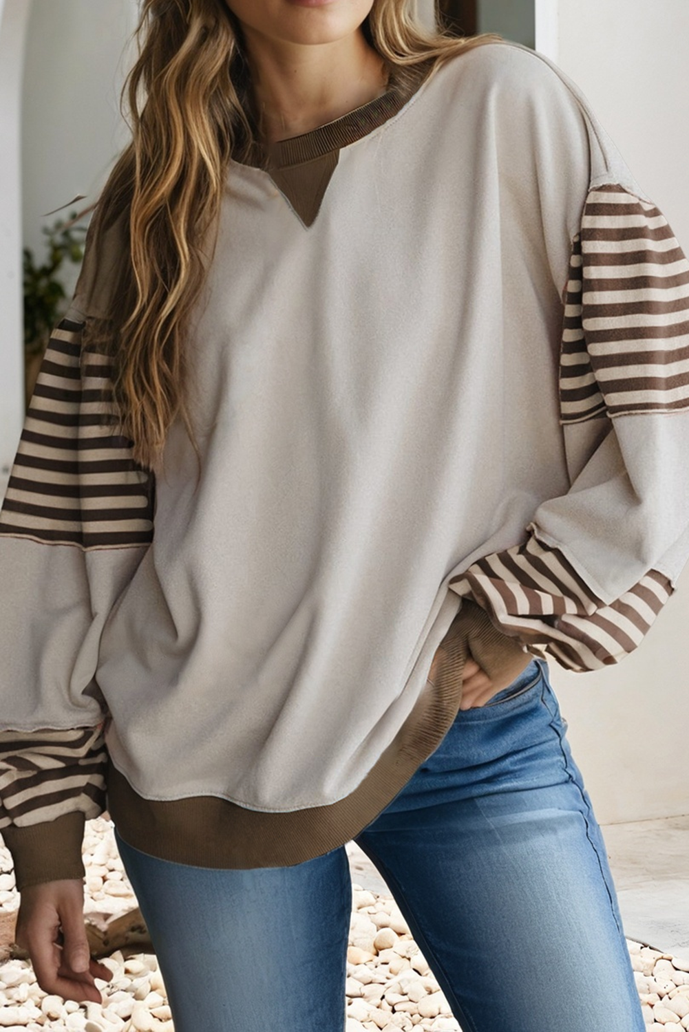 LDC Striped Colorblock Patchwork Drop Shoulder Sweatshirt