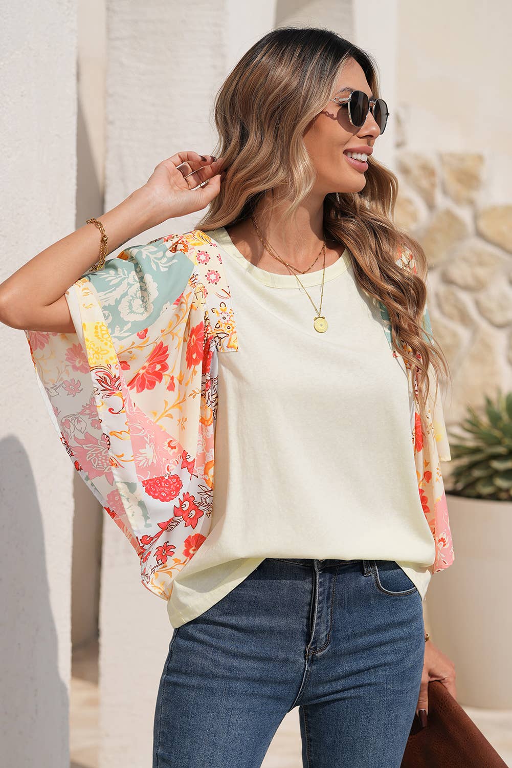 LDC Floral Patchwork Half Batwing Sleeve Blouse