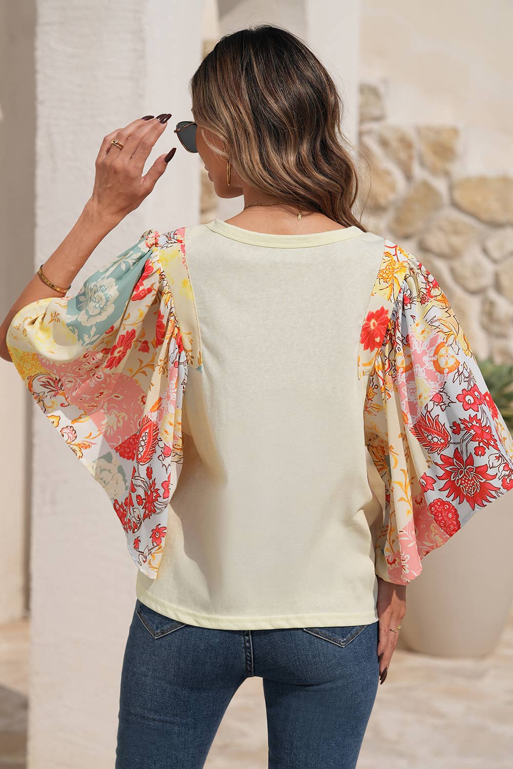 LDC Floral Patchwork Half Batwing Sleeve Blouse