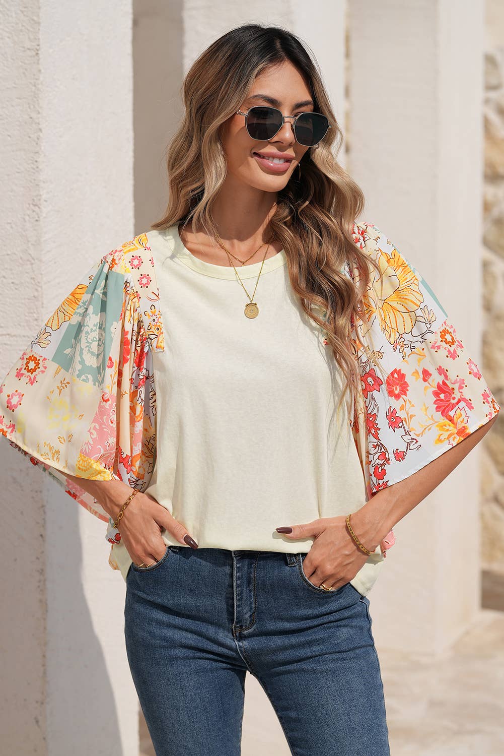 LDC Floral Patchwork Half Batwing Sleeve Blouse