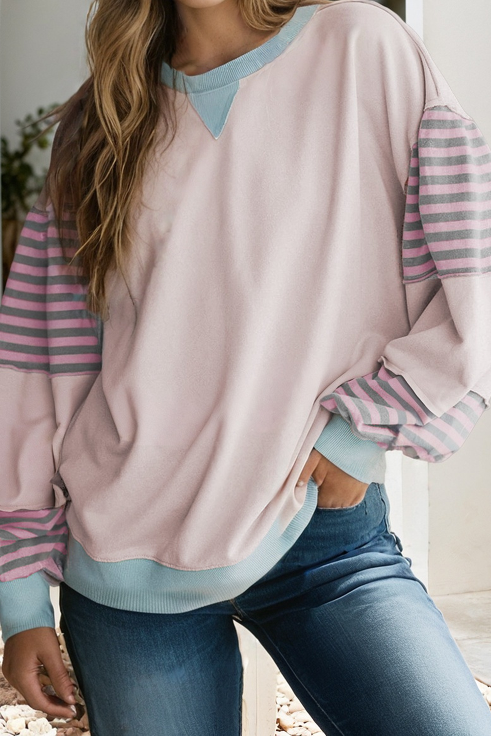 LDC Striped Colorblock Patchwork Drop Shoulder Sweatshirt