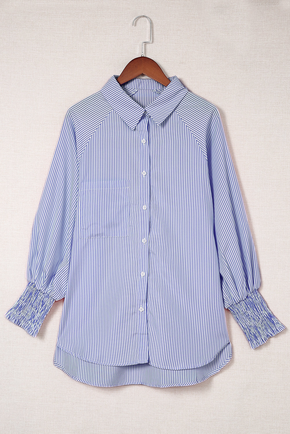 Pink Striped Casual Shirred Cuffs Shirt